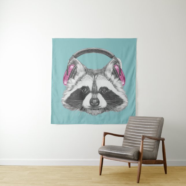 Headphones Raccoon Tapestry (In Situ)