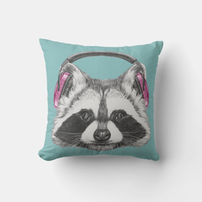 Headphones Raccoon Throw Pillow (Front)