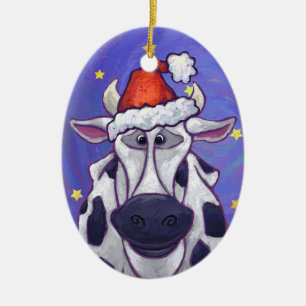 Heads and Tails Festive Cow Christmas Ceramic Ornament