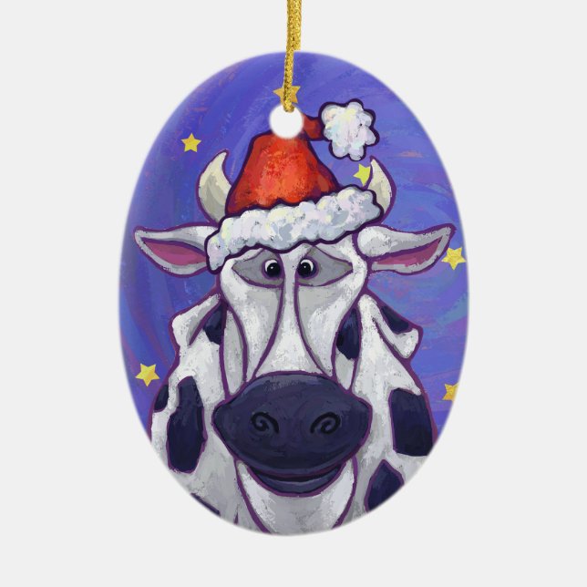 Heads and Tails Festive Cow Christmas Ceramic Ornament (Front)