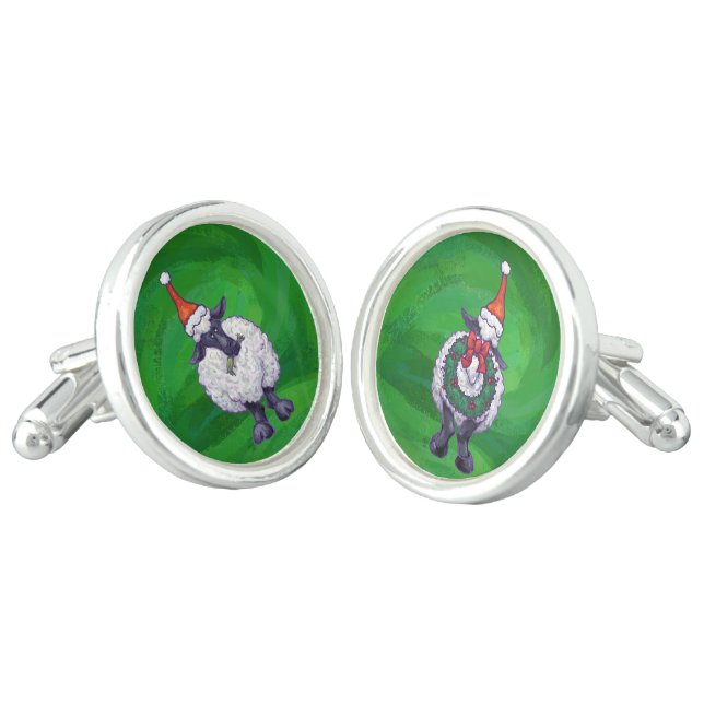 Heads and Tails Festive Sheep On Green Cufflinks (Angled)