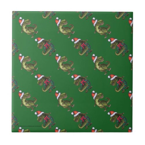 Heads and Tails Festive TRex Green Pattern Ceramic Tile