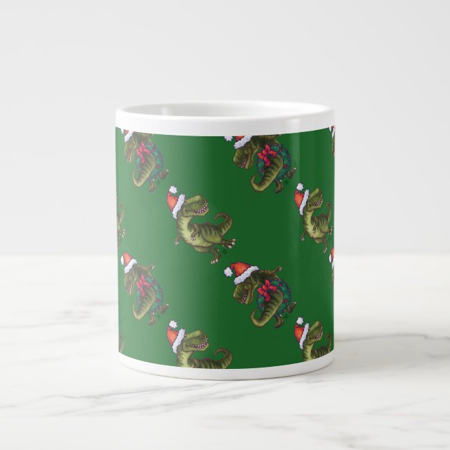 Heads and Tails Festive TRex Green Pattern Large Coffee Mug (Front)