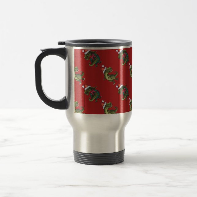 Heads and Tails Festive TRex Pattern Travel Mug (Left)