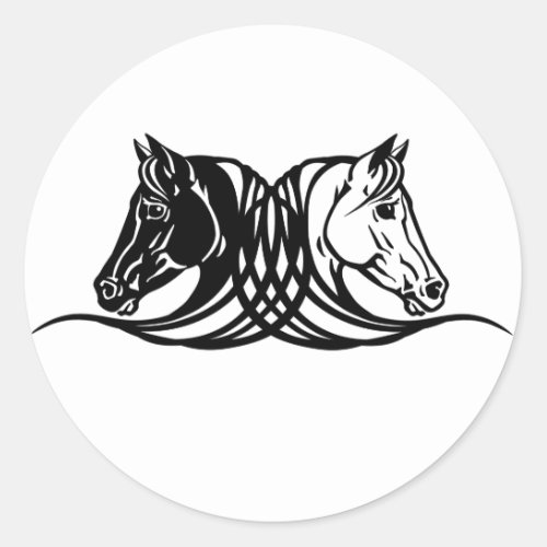 heads of black and white horses classic round sticker