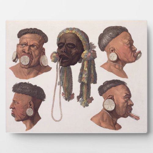 Heads of Botocudos Indians color engraving Plaque