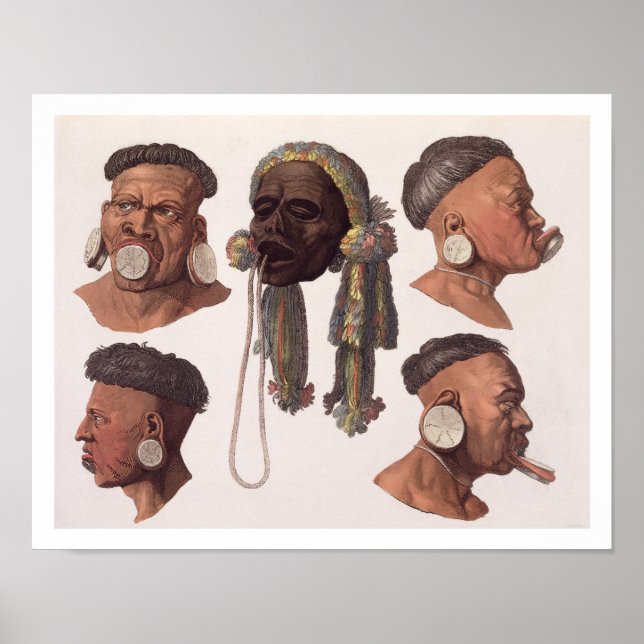 Heads of Botocudos Indians (color engraving) Poster (Front)