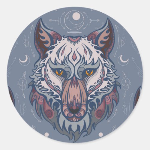 Heads of wolves with boho decoration  classic round sticker