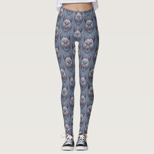 Heads of wolves with boho decoration  leggings
