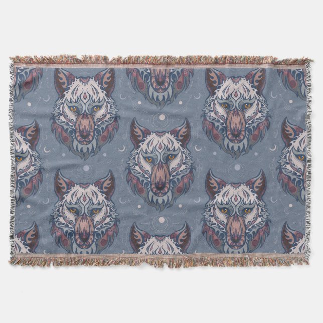 Heads of wolves with boho decoration  throw blanket (Front)