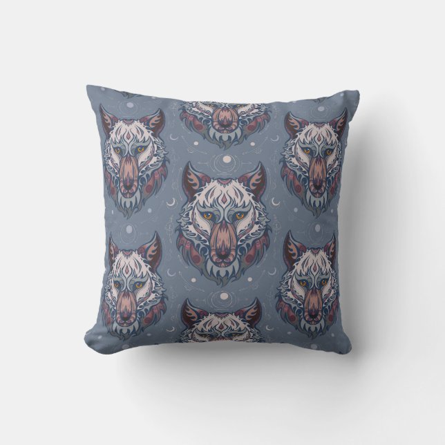 Heads of wolves with boho decoration throw pillow (Front)