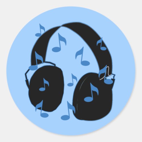 Headset with Musical Notes for Baby in Blue Classic Round Sticker