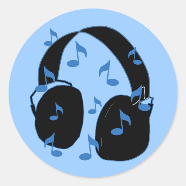 Headset with Musical Notes for Baby in Blue Classic Round Sticker (Front)