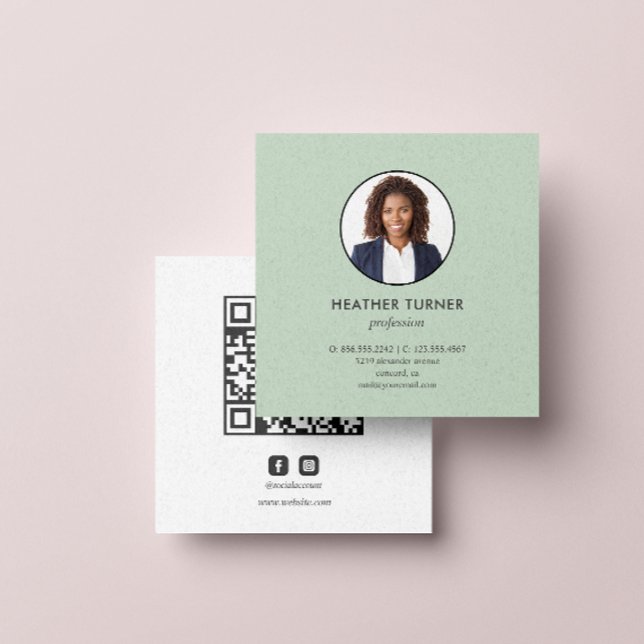 Headshot Photo QR CODE or Logo Professional  GREEN Square Business Card (Add your photo and qr code. to this professional business card to make a great first impression)