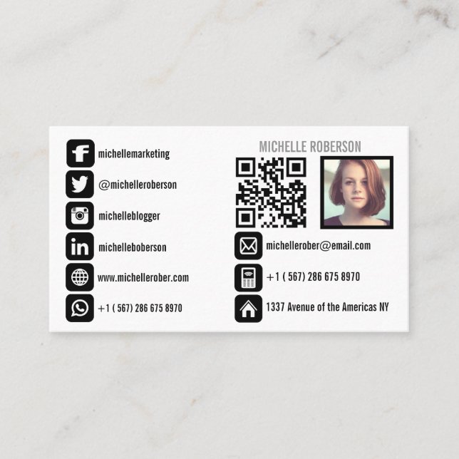 headshot qr code and social media icons business card (Front)