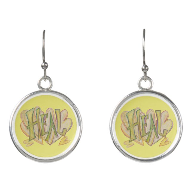 Heal Word Art Jewelry Pendant Charm Earrings (Front)