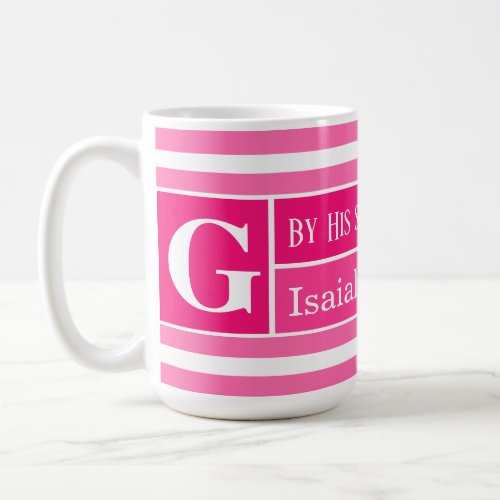 Healing Bible Verse Pink and White Striped Initial Coffee Mug