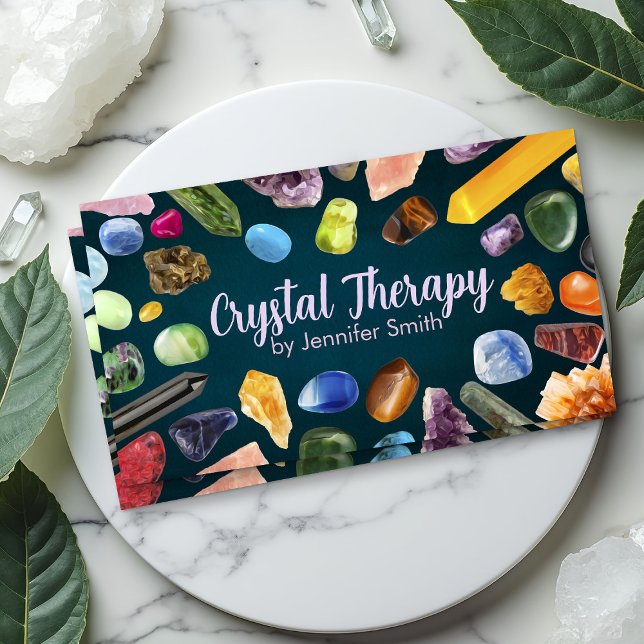Healing Crystals and Gemstones on Dark Emerald  Business Card (Creator Uploaded)