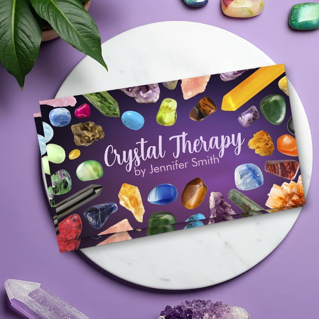 Healing Crystals and Gemstones on Purple Business Card (Creator Uploaded)