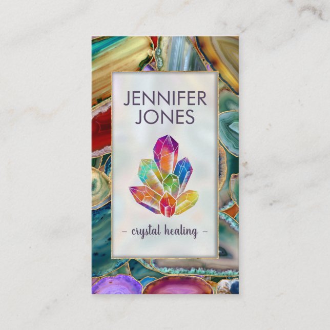 Healing Crystals Cluster on Colorful Geodes Busine Business Card (Front)