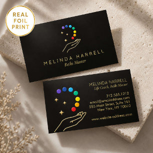 Healing Hand Logo Reiki, Massage Gold Foil Black Business Cards