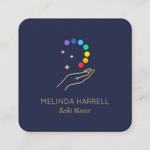 Healing Hand Logo Reiki, Massage Therapy Dark Blue Square Business Card