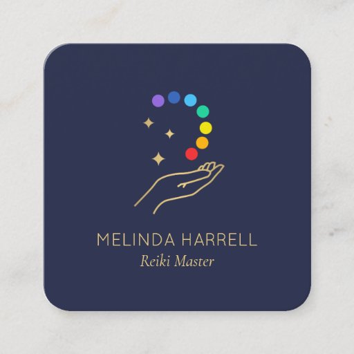Customizable Healing Hand Logo Reiki, Massage Therapy Dark Blue Square Business Card