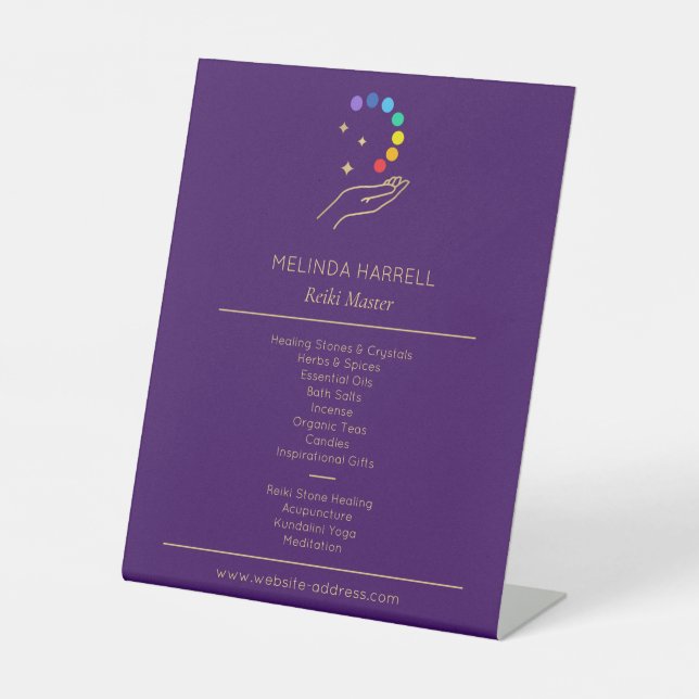 Healing Hand Logo Reiki, Massage Therapy Purple Pedestal Sign (Front)