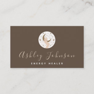 Healing Hand & Moon Dark Brown Metaphysical Witchy Business Card