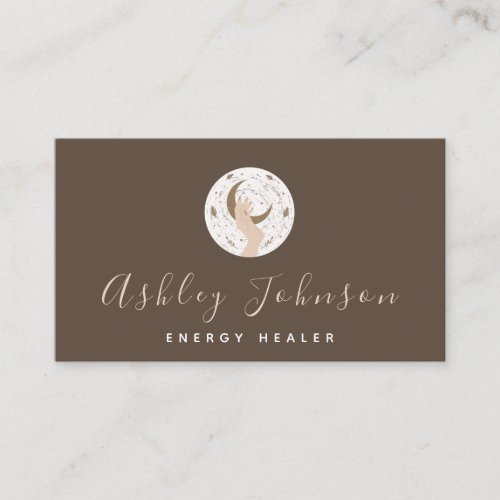 Healing Hand  Moon Dark Brown Metaphysical Witchy Business Card
