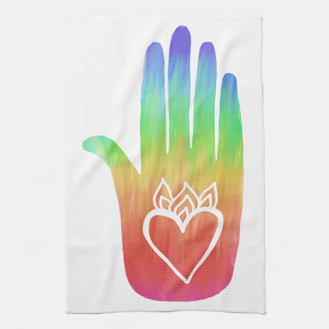 Healing Hands Hamsa Hearts Palm Rainbow Kitchen Towel (Vertical)