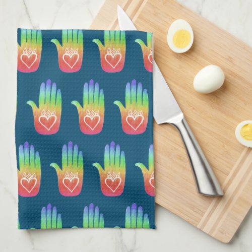 Healing Hands Hamsa Hearts Palm Rainbow Pattern  Kitchen Towel