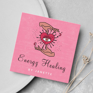 Healing Hands & Mystic Moon Eye Pink Red Energy Square Business Card