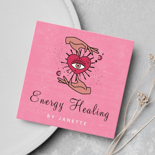 Healing Hands  Mystic Moon Eye Pink Red Energy Square Business Card