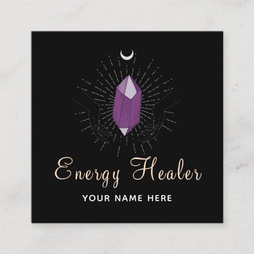 Healing Hands Purple Diamond Modern Elegant Black Square Business Card