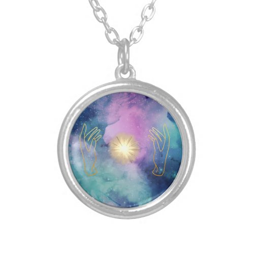 *~* Healing Hands  Universe Cosmic Stars Light Silver Plated Necklace