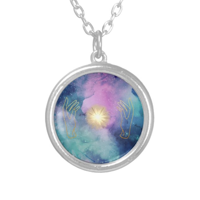 *~* Healing Hands  Universe Cosmic Stars Light Silver Plated Necklace (Front)