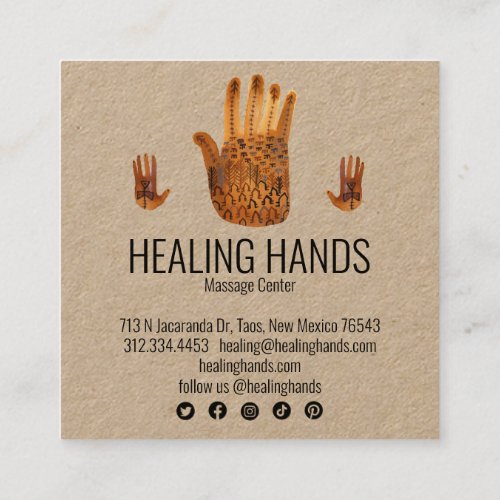 Healing Hands Watercolor Boho Social Media Icons Square Business Card
