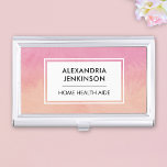 Health Aide Peach Pink Blush Cute Stylish Modern Business Card Case<br><div class="desc">Showcase your business cards in style with this personalized business card case, featuring a captivating design in peach, pink, and lilac hues accentuated by soft brushstrokes. Customize it with your name and profession, adding a personal touch that reflects your unique identity and expertise. Whether you're a nurse, home health aide,...</div>