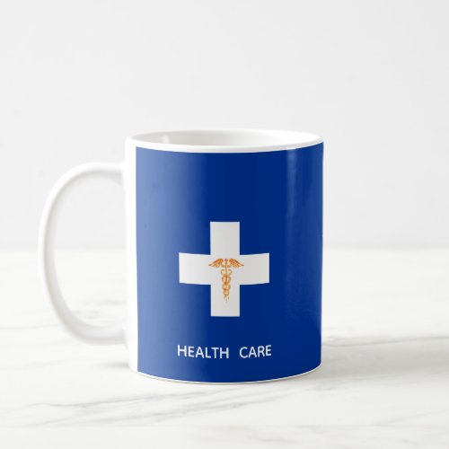 Health Care White Cross Golden Caduceus on Blue Coffee Mug