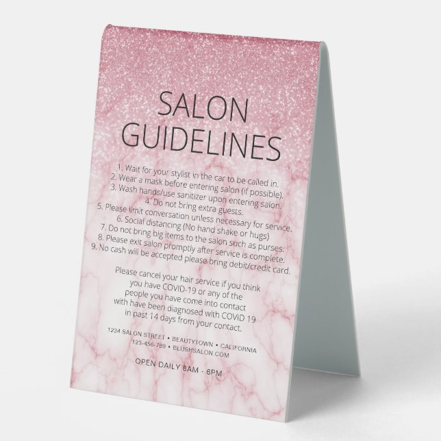 Health Safety Rose Gold Glitter Marble Salon Covid Table Tent (Front)