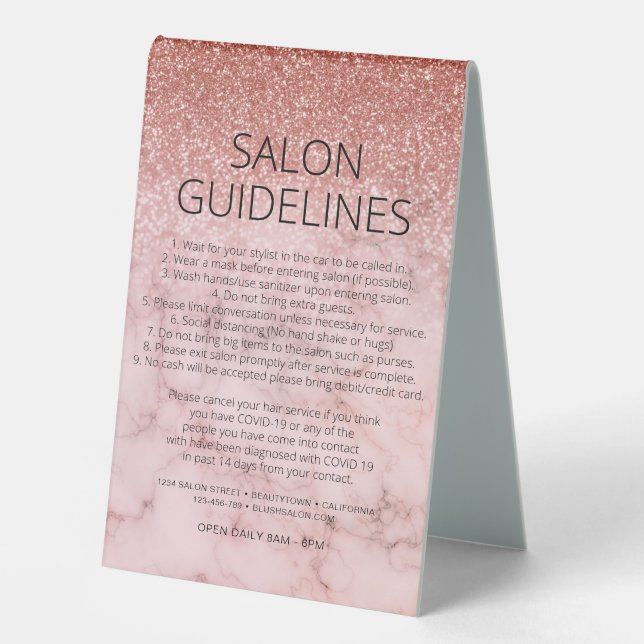 Health Safety Rose Gold Glitter Marble Salon Covid Table Tent (Front)