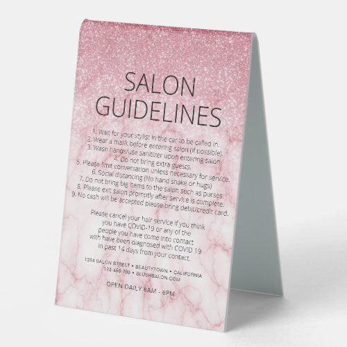 Health Safety Rose Gold Glitter Marble Salon Covid Table Tent Sign