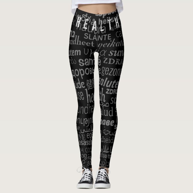 Health Text Multilingual Black Leggings Your Color (Front)