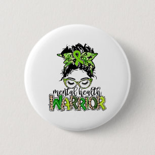 Health Warrior Messy Bun Hair Leopard Green Ribbon Button