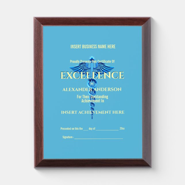 Healthcare blue caduceus medical             award plaque (Vertical)