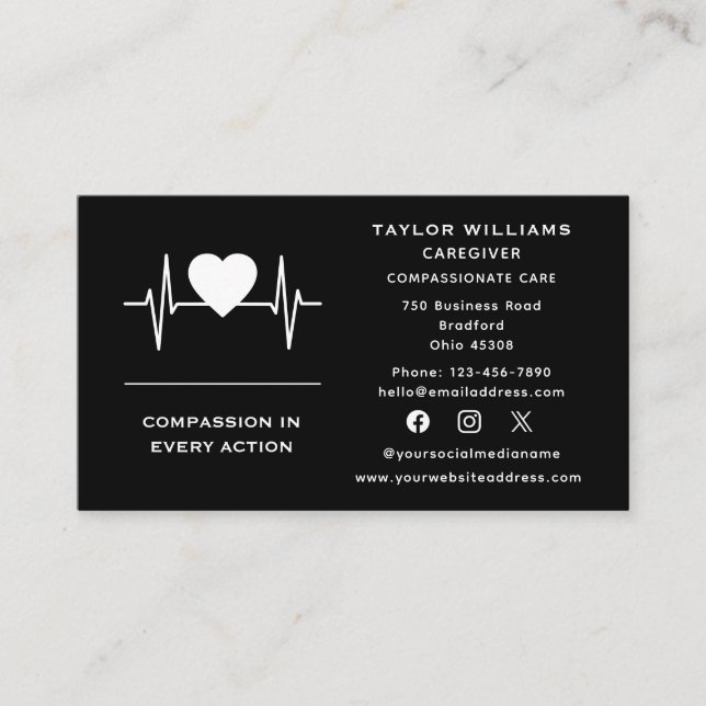 Healthcare Caregiver Heartbeat Pulse Heart EKG ECG Business Card (Front)