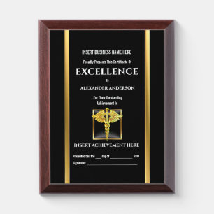 Healthcare faux gold black caduceus medical award plaque