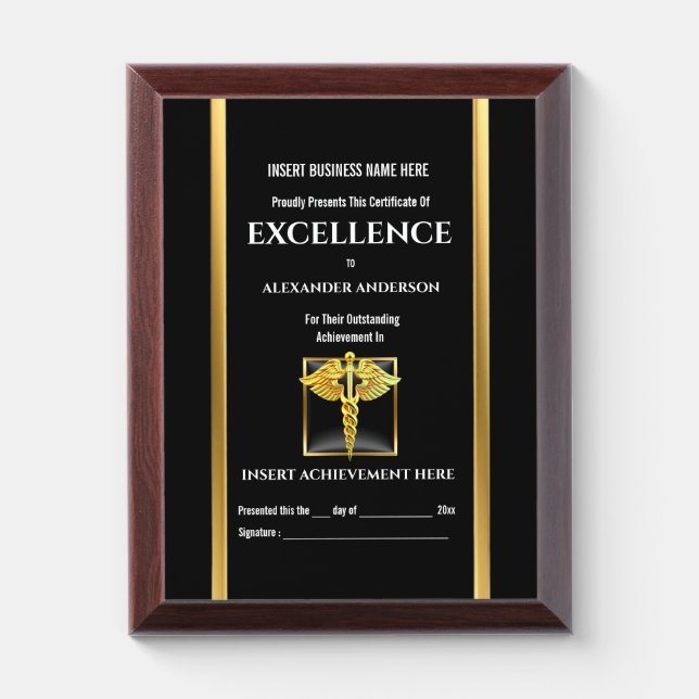 Healthcare faux gold black caduceus medical award plaque (Vertical)