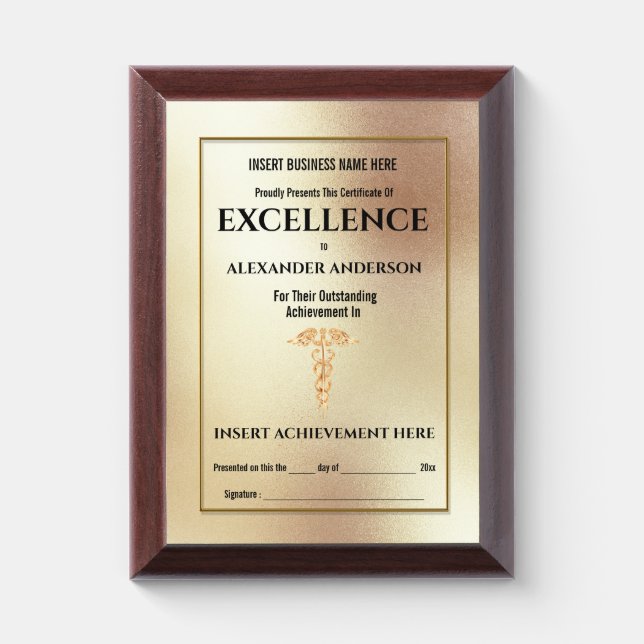 Healthcare faux gold caduceus foil shimmer award plaque (Vertical)